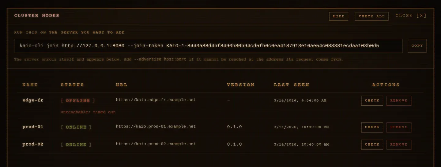 The Cluster Nodes panel: the join command ready to copy at the top, then three servers with their status, URL, reported version and last contact. One is offline and shows the reason underneath.