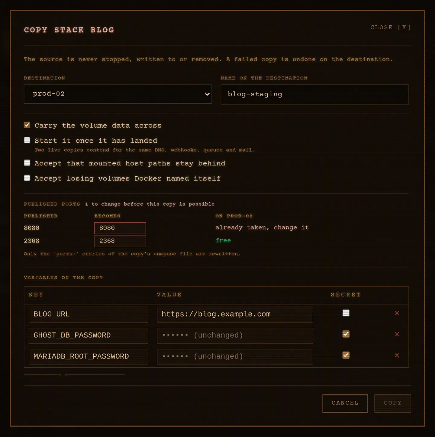 The stack menu opened on Copy to..., the dialog filled in with prod-02 as the destination and blog-staging as the name, the volume data ticked, Preview listing both volumes with the names they take and their sizes, then Copy running with a step list that fills in as the definition and each volume land on prod-02.