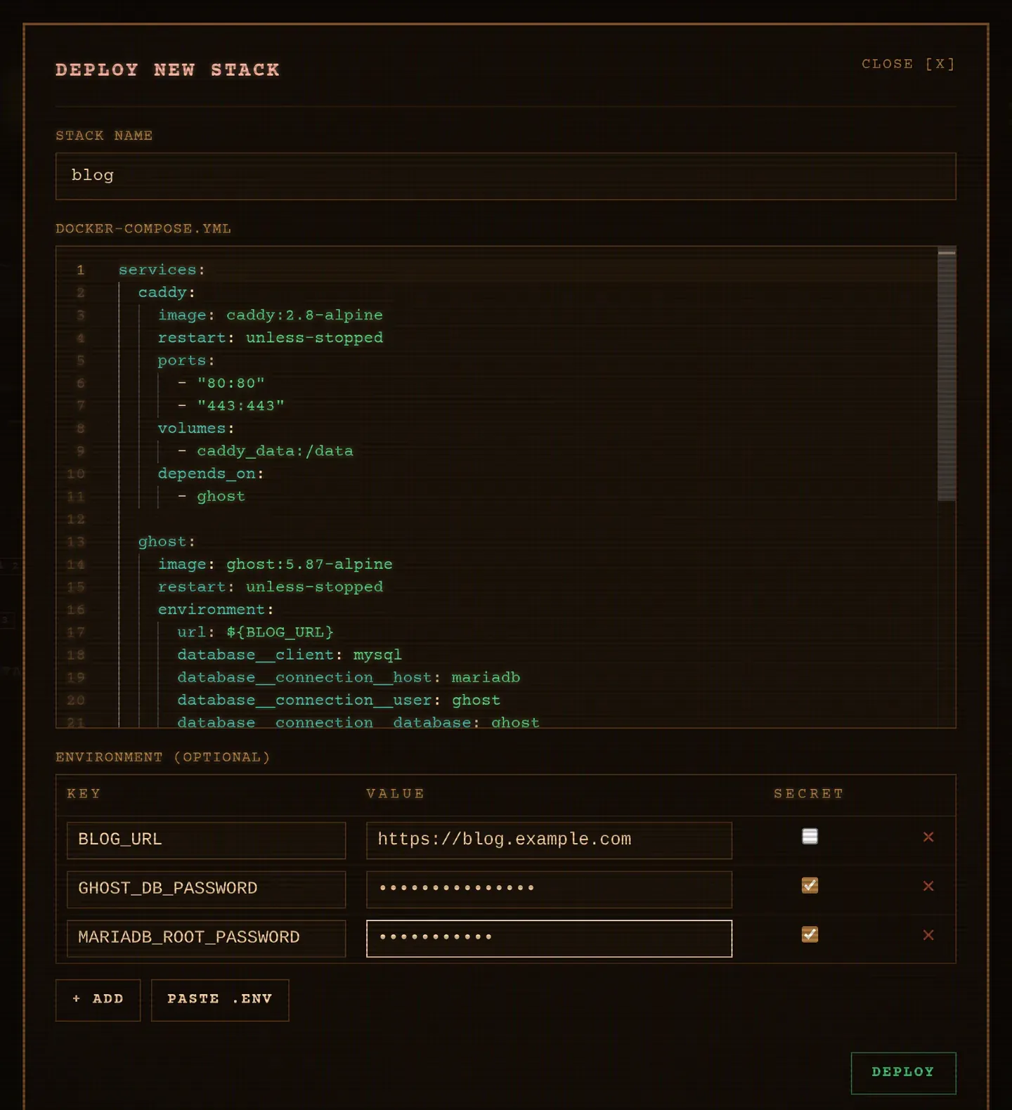 The deploy dialog: a stack name, the Compose file in the editor, and the environment variables it references, secrets masked.
