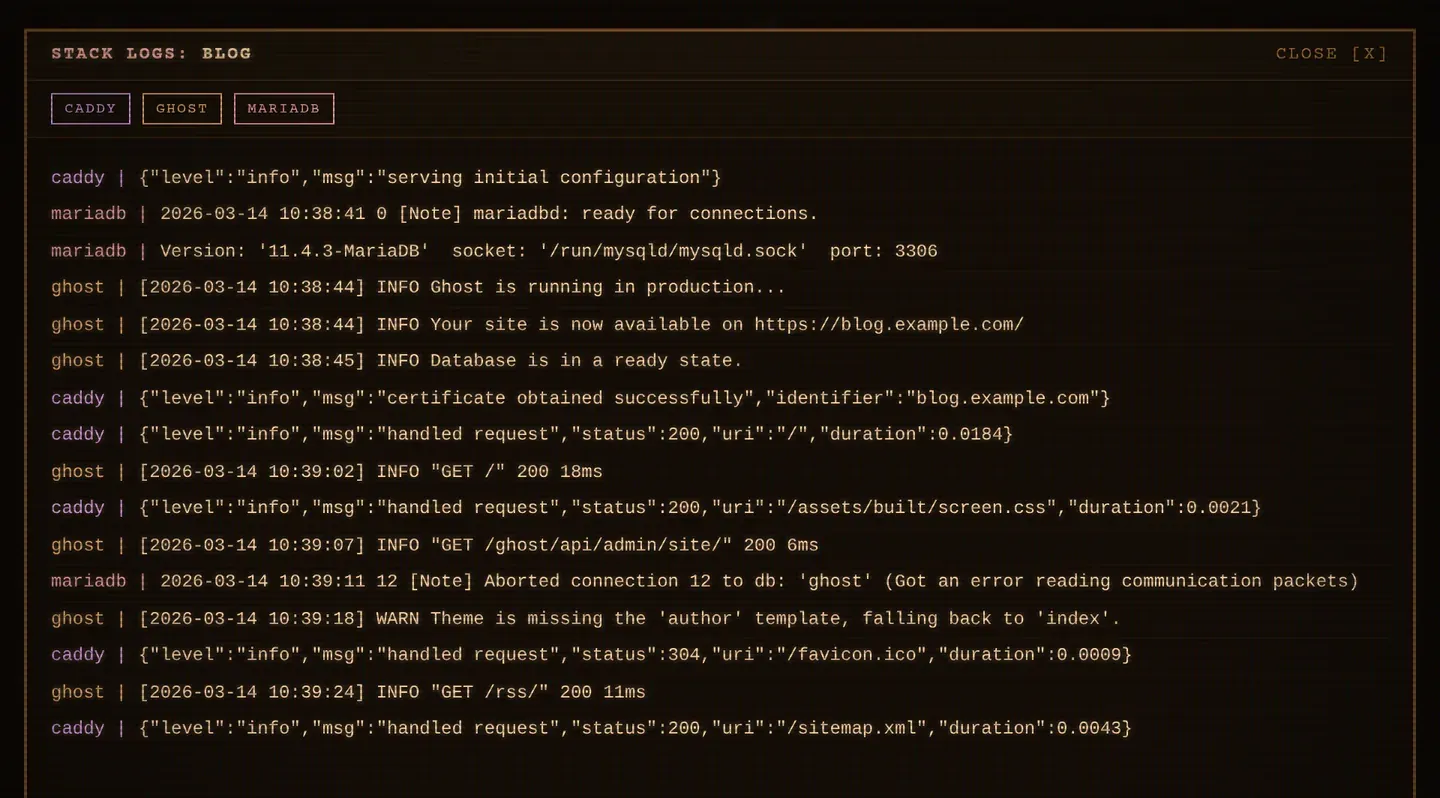 Merged stack logs: each line prefixed with its colour-coded service name, with per-service toggles above the stream.