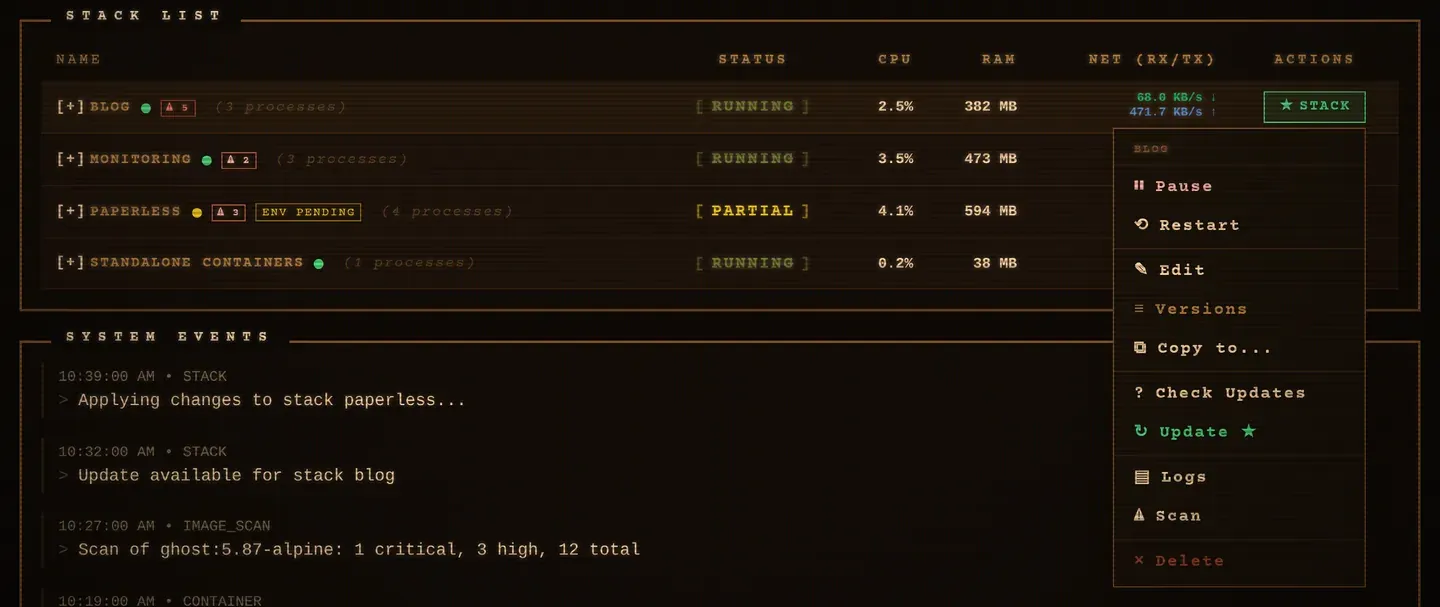 A stack row flagged with an update, its menu open on Check Updates and Update, and the event log below showing the update notice.