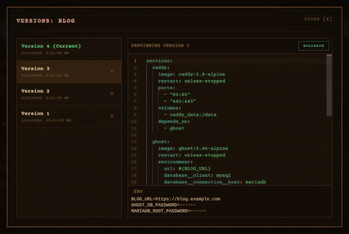 The versions dialog for a stack: the numbered history on the left, the selected version's Compose file on the right, and its .env snapshot underneath with secrets masked.